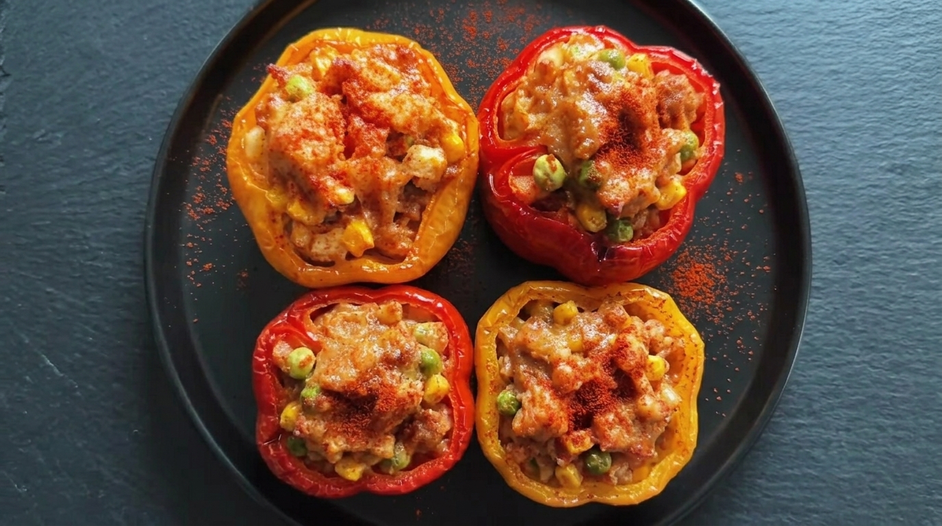 Quattro vivaci peperoni gialli e rossi ripieni di saporita carne macinata, cotti alla perfezione e spolverati di paprika.