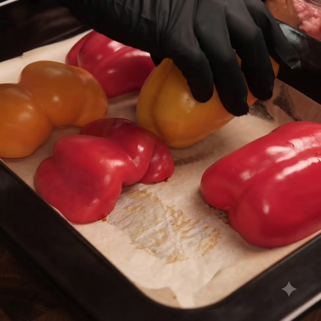 Peperoni rivestiti di olio disposti ordinatamente allinterno di una teglia foderata con carta da forno.