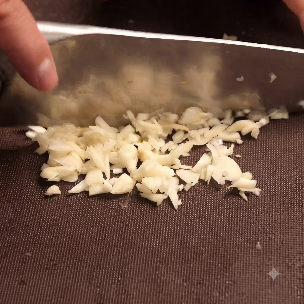 Cipolla e aglio tritati finemente che sfrigolano in padella mentre vengono mescolati con una spatola.