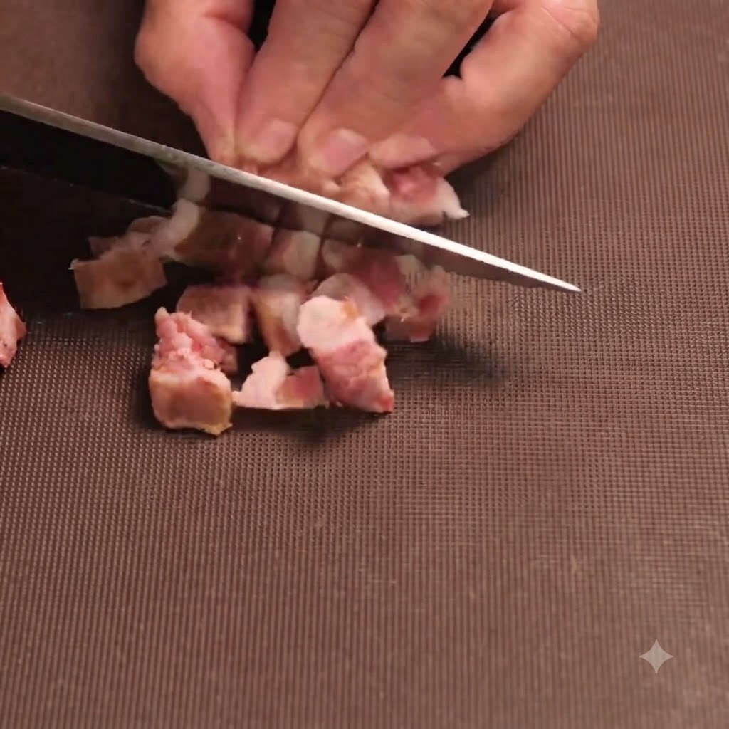 Piccoli pezzi di salsiccia tagliati a dadini mescolati agli aromi soffritti in padella.