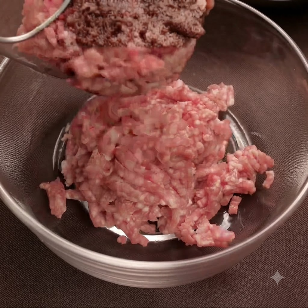 Macinato di maiale e di manzo combinati allinterno di una ciotola di vetro.
