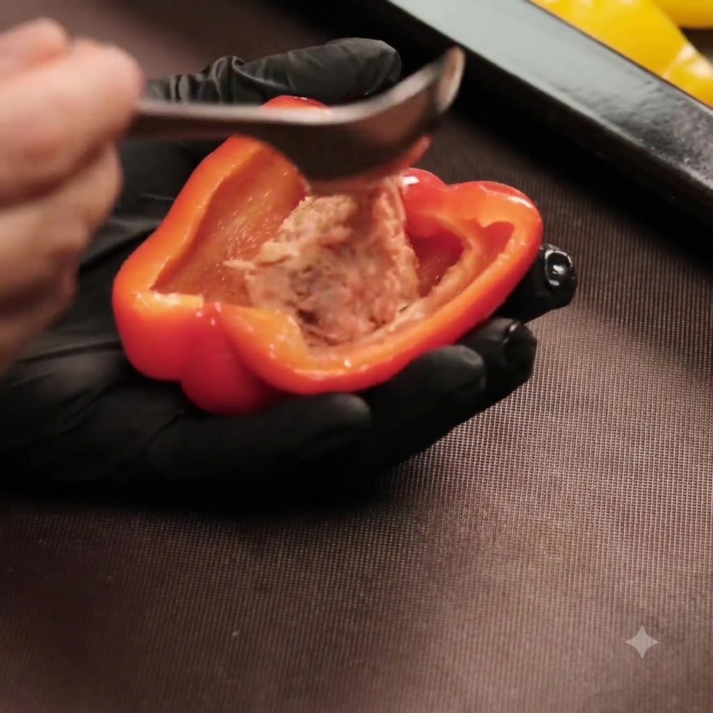 Una mano guantata che regge un peperone rosso tagliato a metà mentre lo riempie con il composto di carne usando un cucchiaio.
