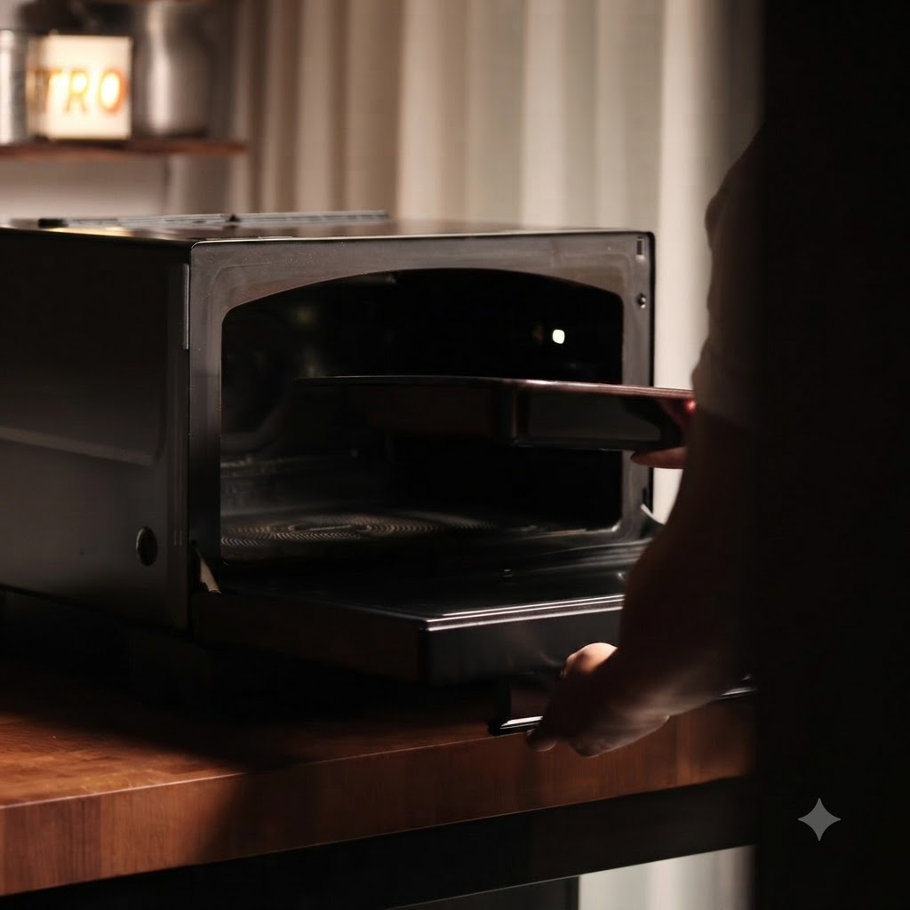 Una teglia da forno con i peperoni ripieni che viene inserita allinterno del forno.