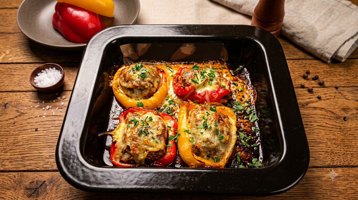 Peperoni Ripieni al Forno con Carne Saporita e Formaggio Filante