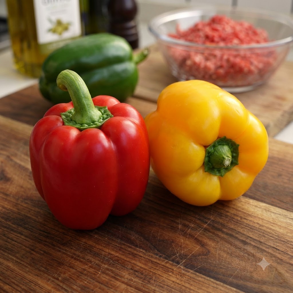 Primo piano di mani che tagliano la parte superiore di un peperone rosso vibrante e rimuovono i semi interni.