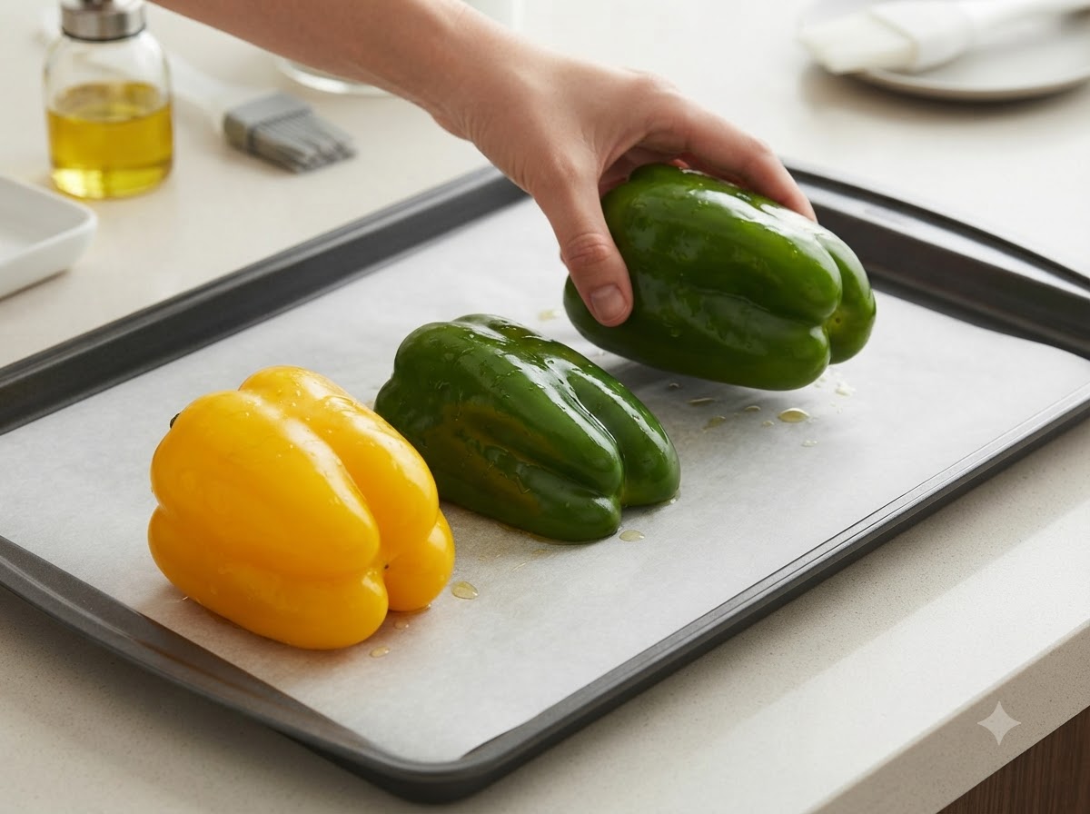 Peperoni sistemati su una teglia foderata di carta da forno.