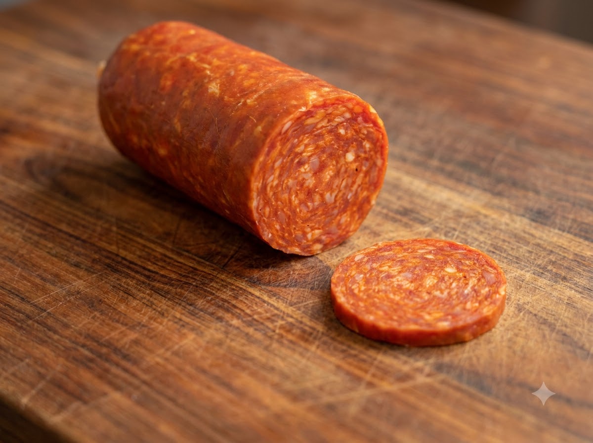 Un coltello che taglia un rotolo di salsiccia piccante a fette su un tagliere di legno.