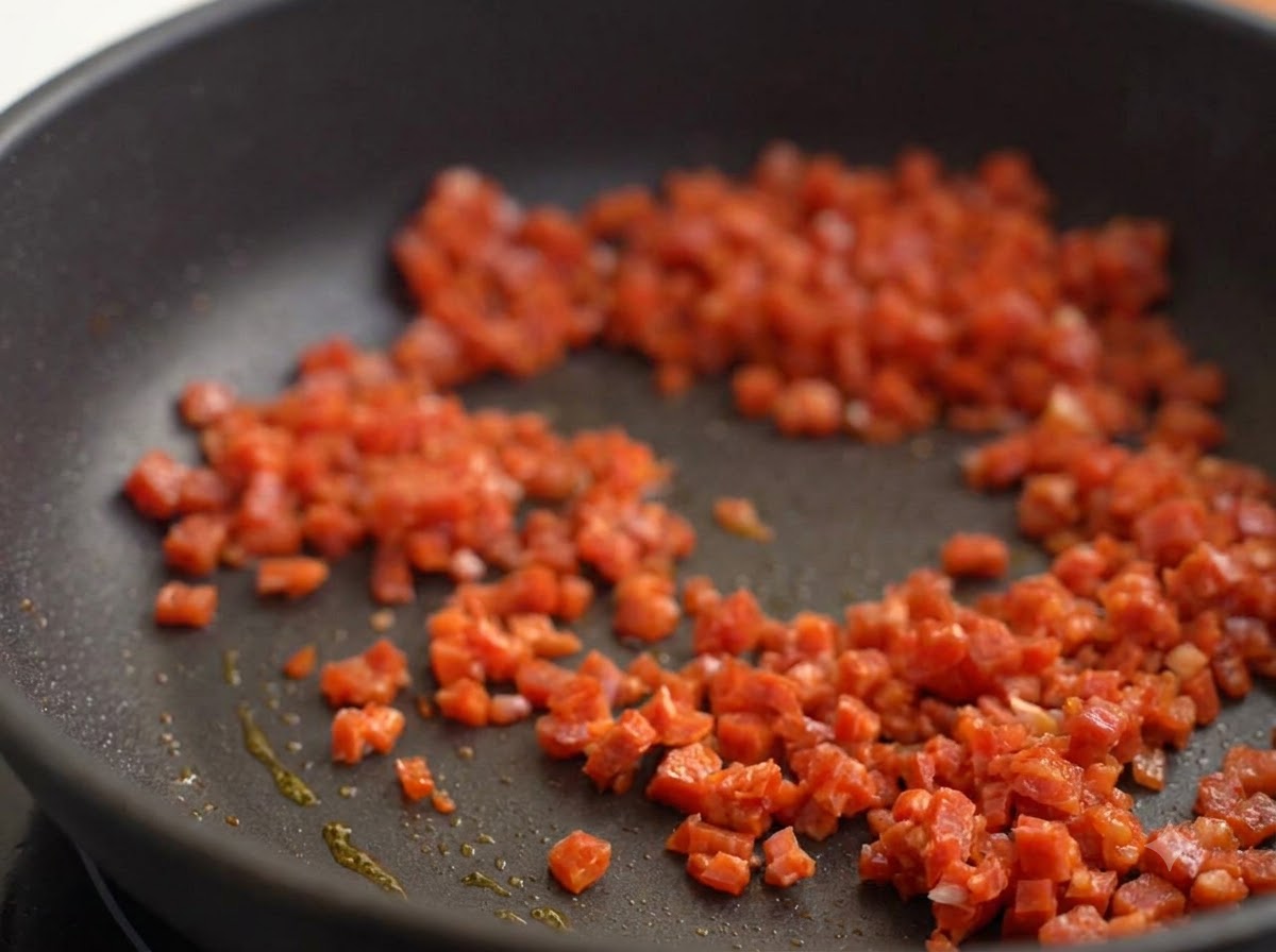 Salsiccia piccante a dadini che sfrigola in una padella con olio doliva.