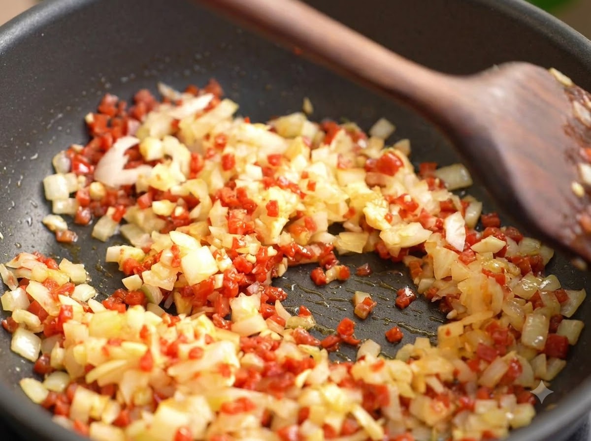 Cipolle tritate e aglio saltati con la salsiccia in una padella con una spatola di legno.