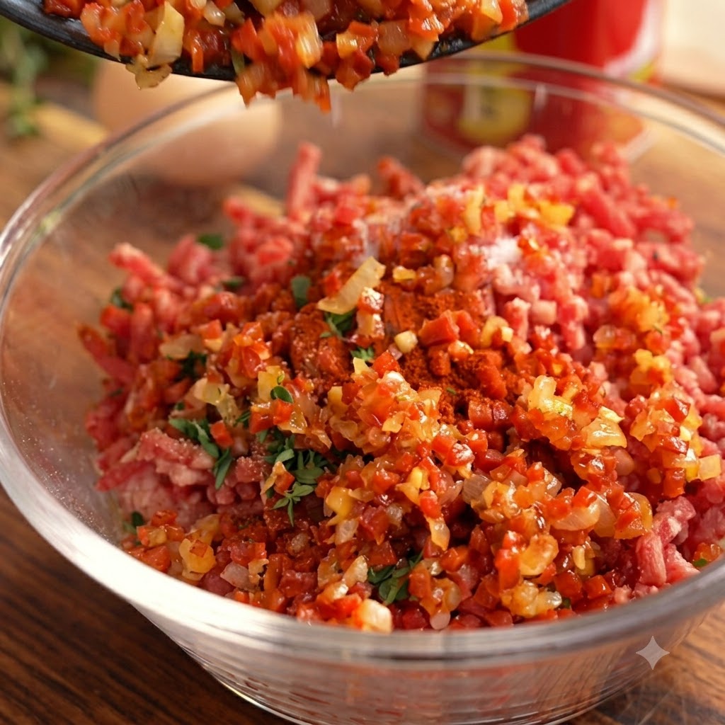 Condimenti, erbe e spezie versati da una padella in una ciotola di vetro piena di carne macinata cruda.