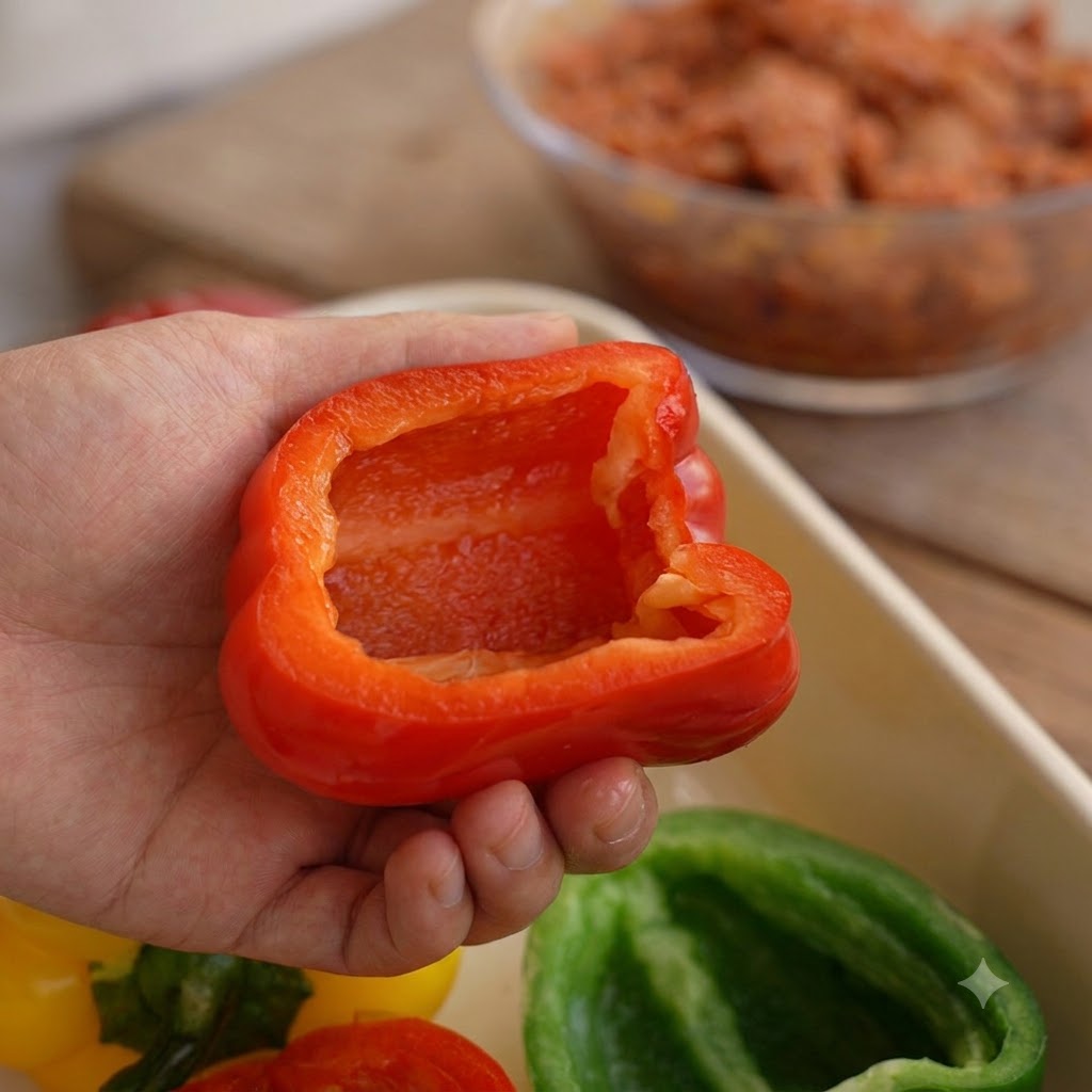 Una mano che tiene un peperone rosso svuotato pronto per essere farcito, con una ciotola di ripieno di carne sullo sfondo.