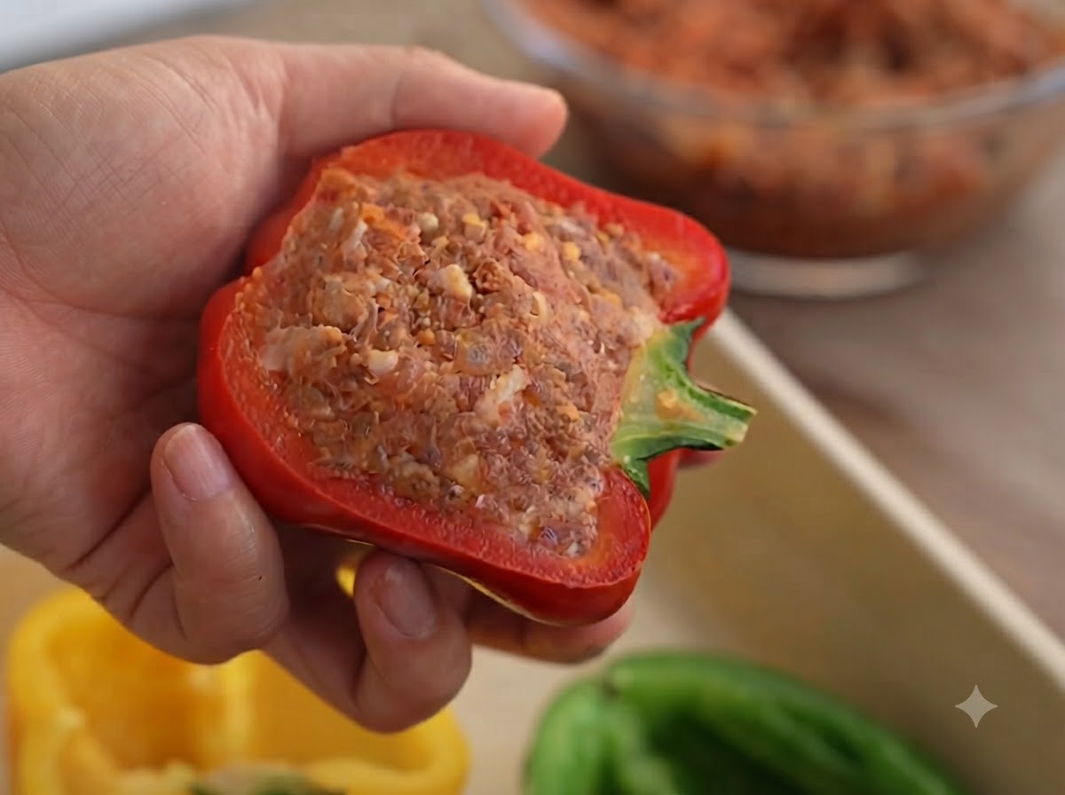 Vista ravvicinata di un peperone vibrante riempito completamente di carne macinata condita.