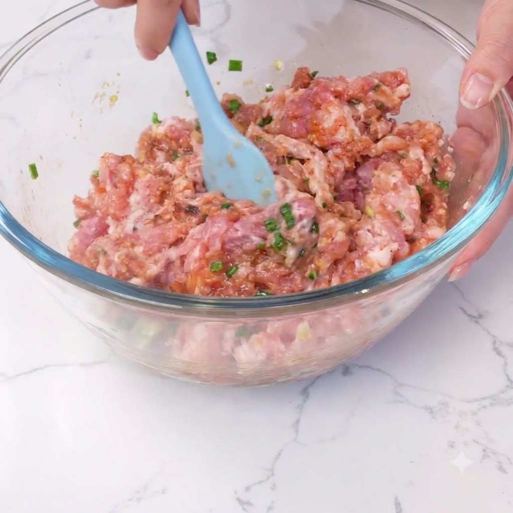Composto di carne mescolato in una ciotola di vetro con una spatola blu.