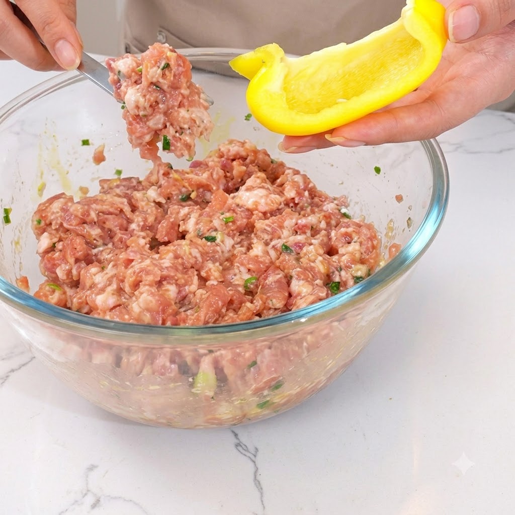 Carne macinata inserita in una metà di peperone giallo usando gli utensili.