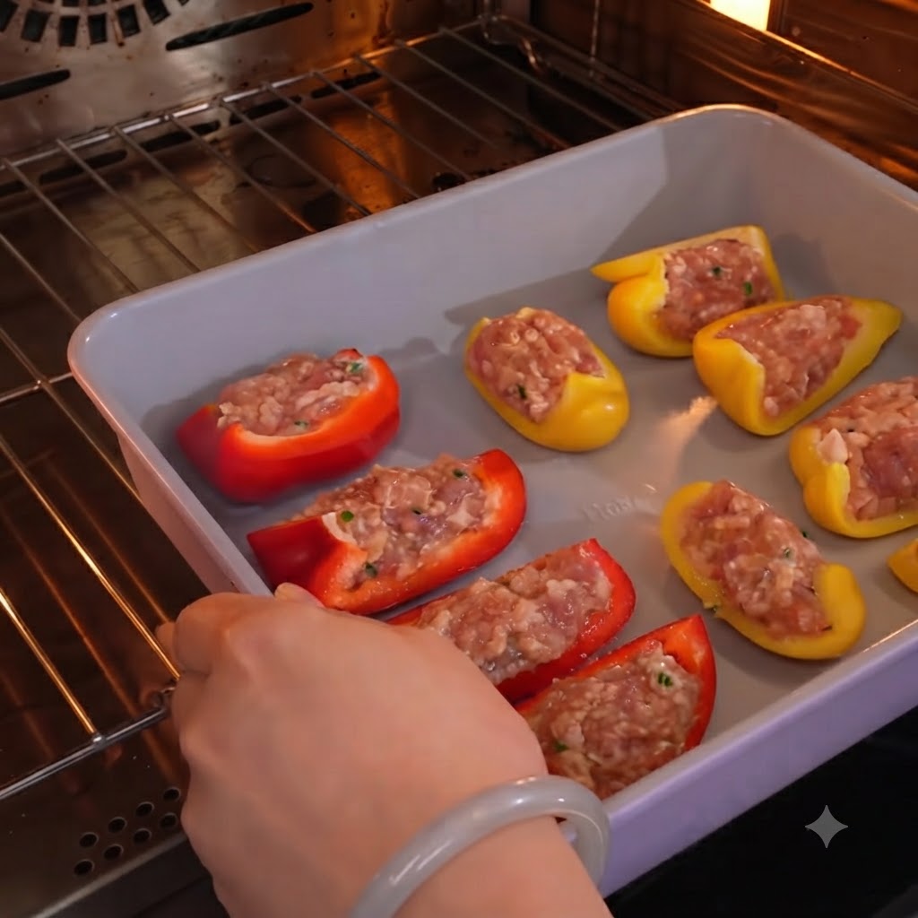 Una teglia piena di metà di peperone ripieno inserita su una griglia del forno.