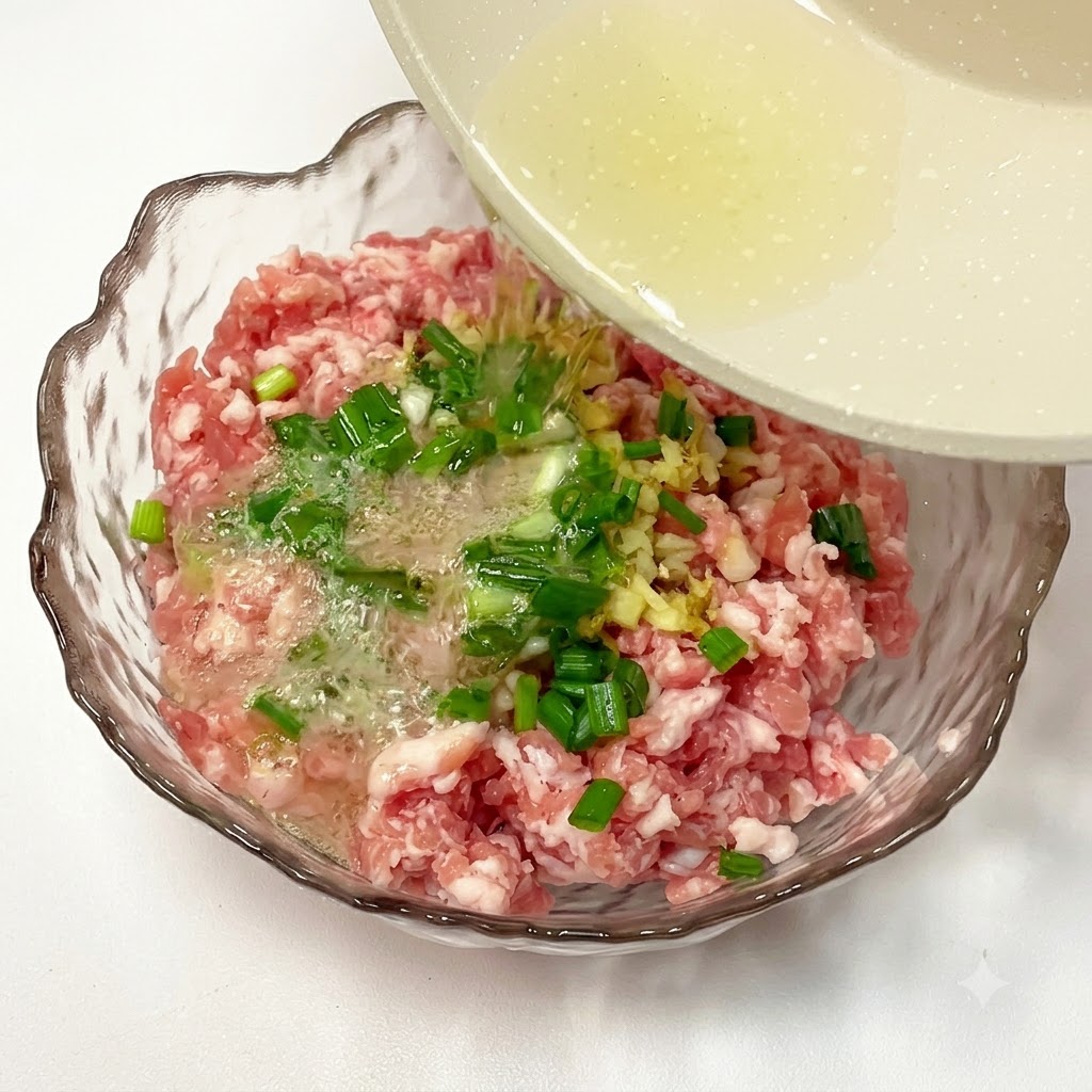 Olio caldo versato su cipollotti e zenzero sopra la carne macinata.
