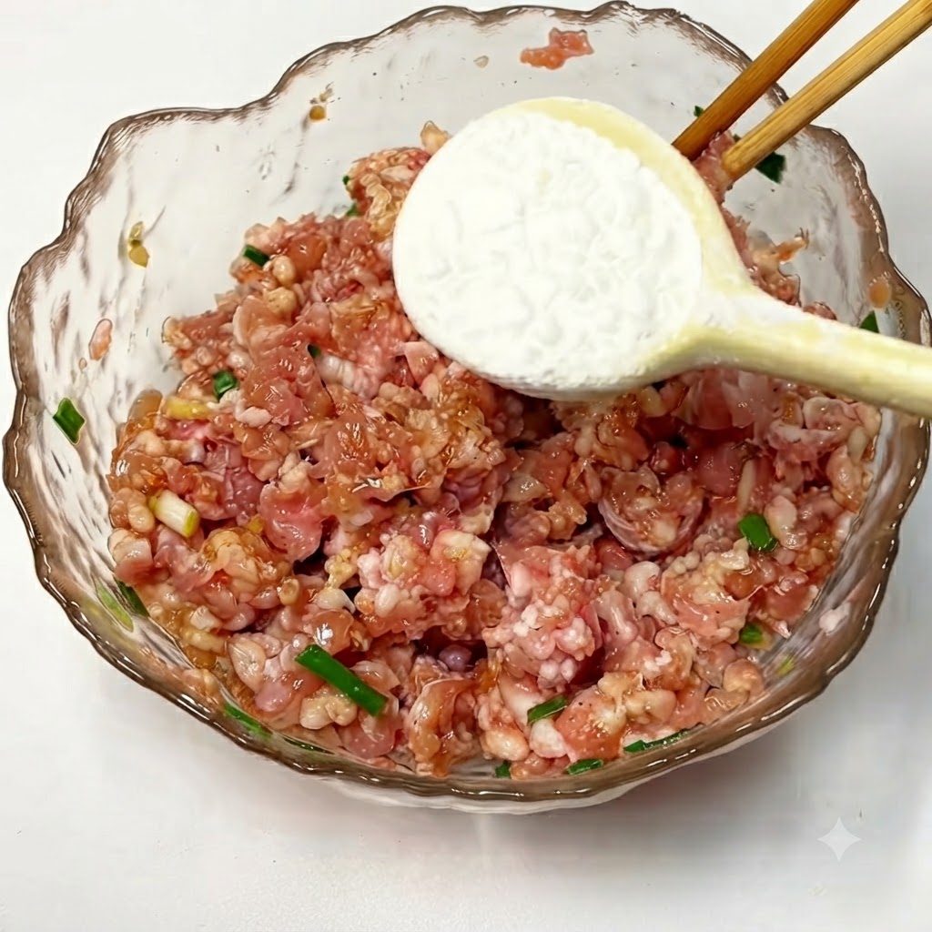 Amido aggiunto e mescolato nella carne macinata usando le bacchette.