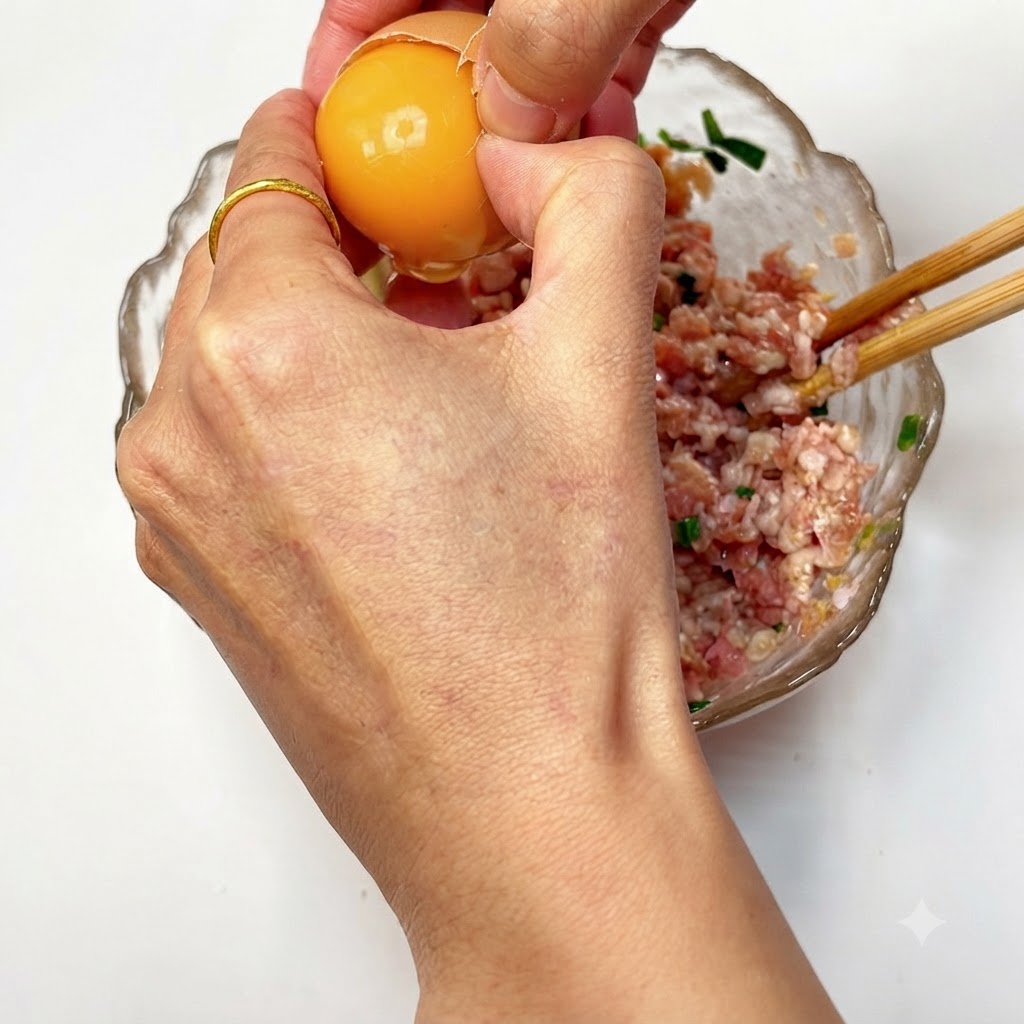 Un uovo rotto sopra la ciotola di carne macinata.