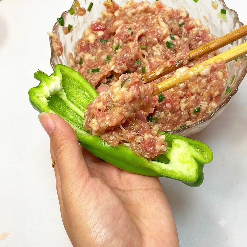Ripieno di carne macinata inserito in un peperone verde tagliato a metà.