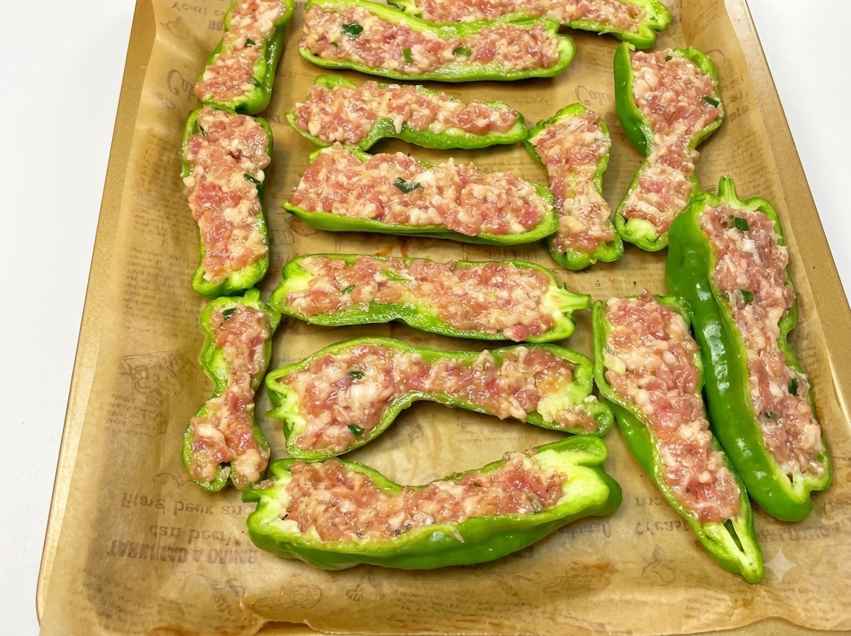 Peperoni verdi ripieni disposti su una teglia rivestita di carta da forno.