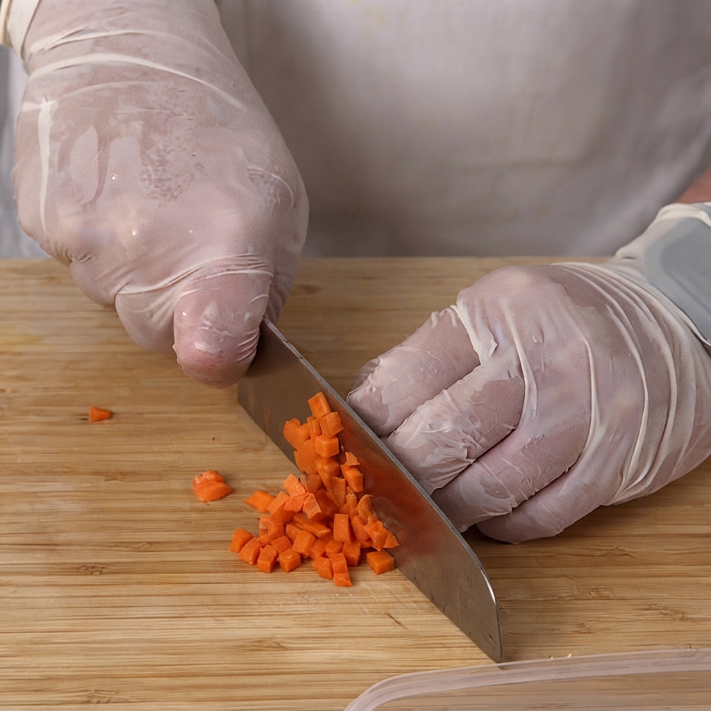 Piccoli cubetti di carota tagliati e ammucchiati su un tagliere di legno.