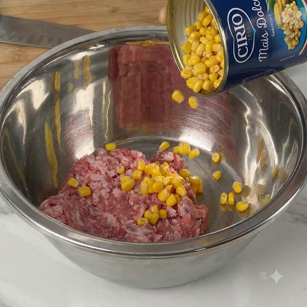 Chicchi di mais dolce versati da una scatola in una ciotola di acciaio inossidabile con carne di maiale cruda macinata.