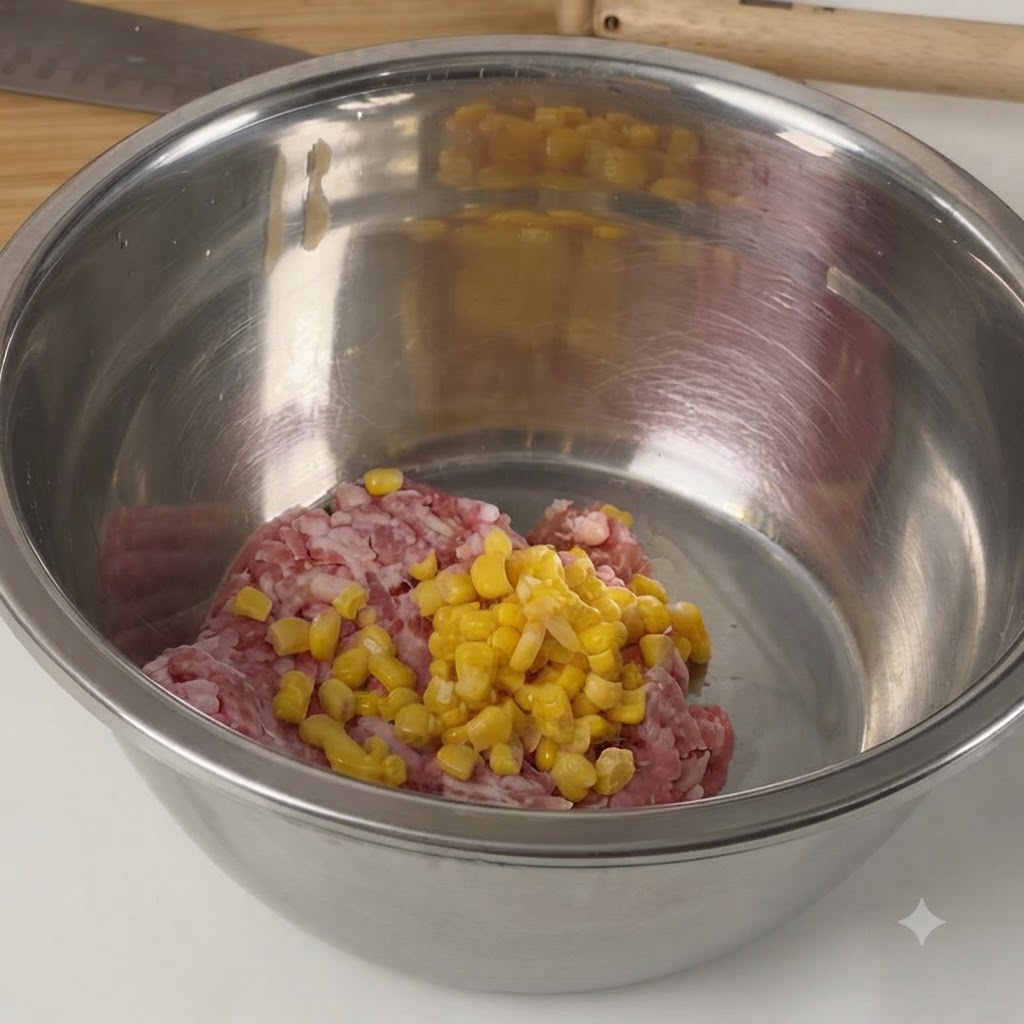 Una ciotola di miscelazione in acciaio inossidabile riempita di carne di maiale cruda macinata e chicchi di mais dolce.