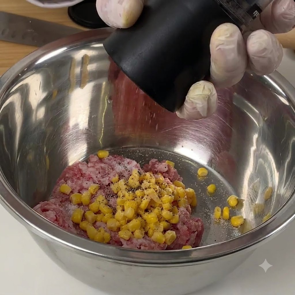 Un macinapepe che eroga pepe nero su carne macinata e mais in una ciotola di metallo.