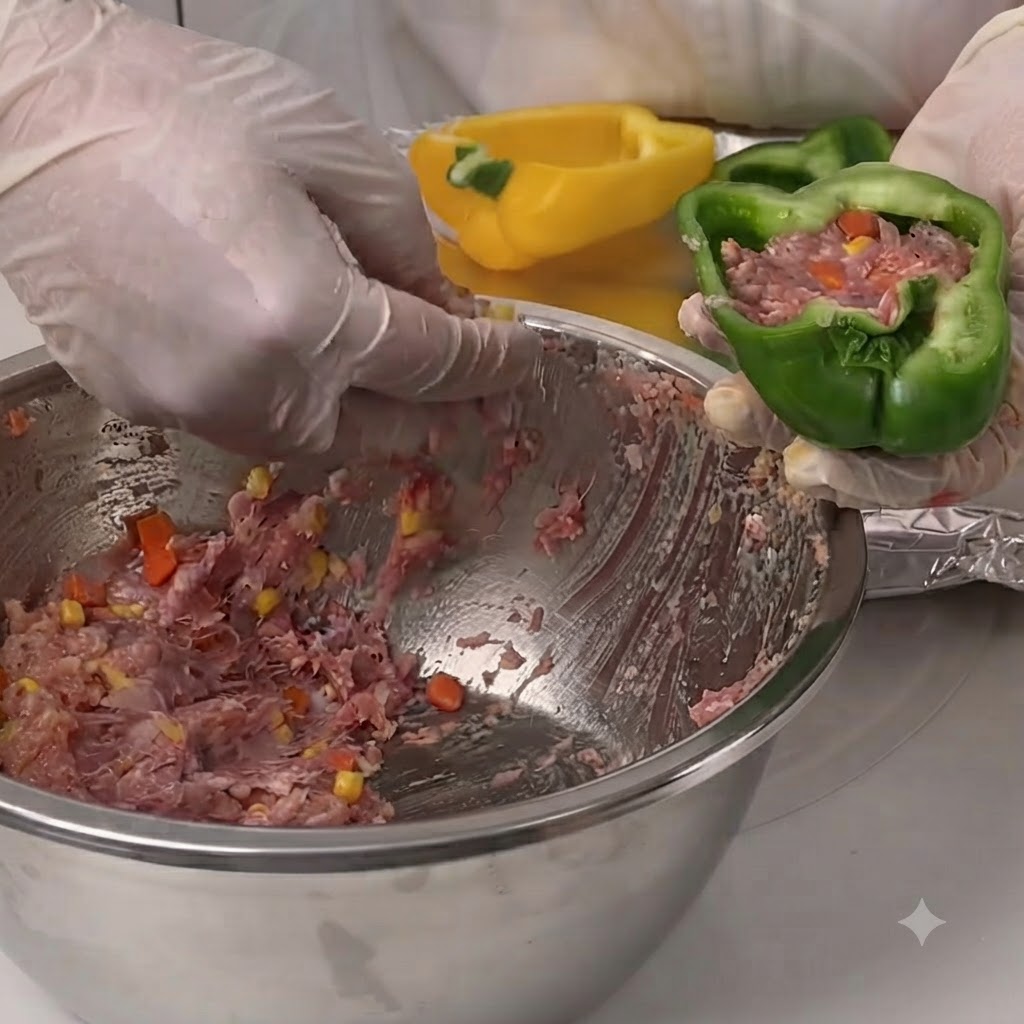 Una mano guantata che posiziona il ripieno di carne in una metà di peperone verde svuotato.