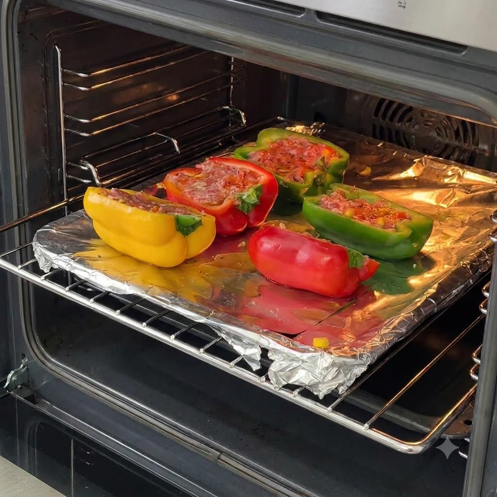 Una teglia con peperoni ripieni infilata su una griglia del forno.