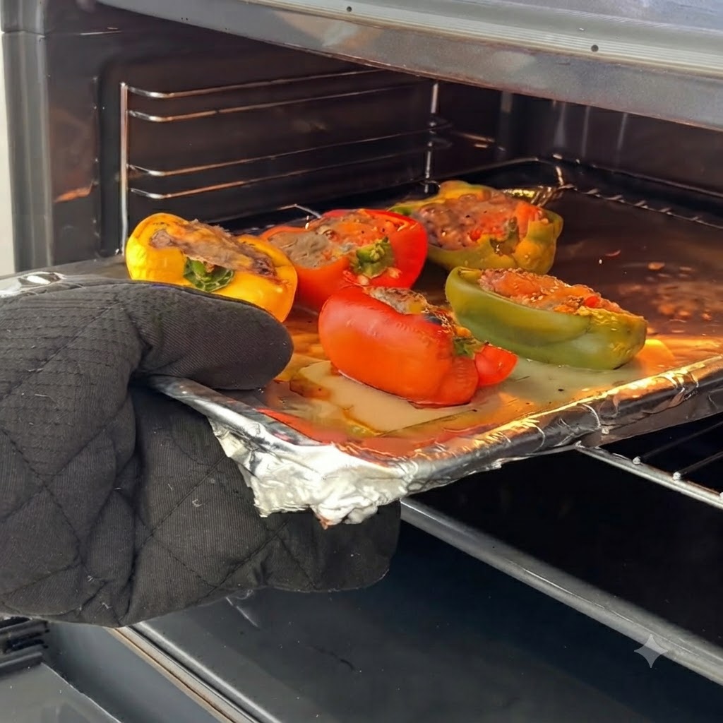 Un guanto da forno che estrae una teglia di peperoni ripieni parzialmente cotti dal forno.
