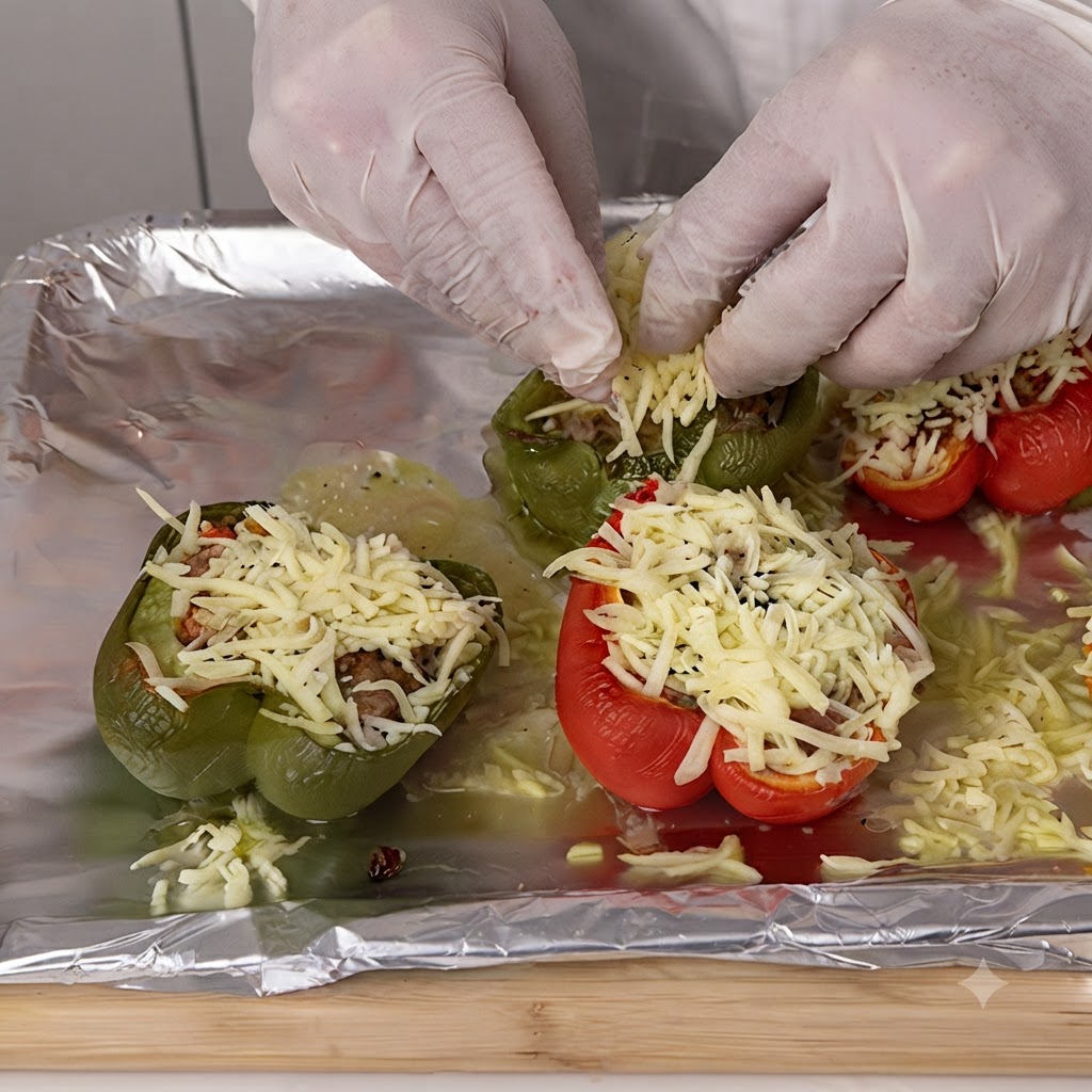 Mani guantate che cospargono mozzarella grattugiata su peperoni verdi e rossi ripieni su una teglia foderata di alluminio.