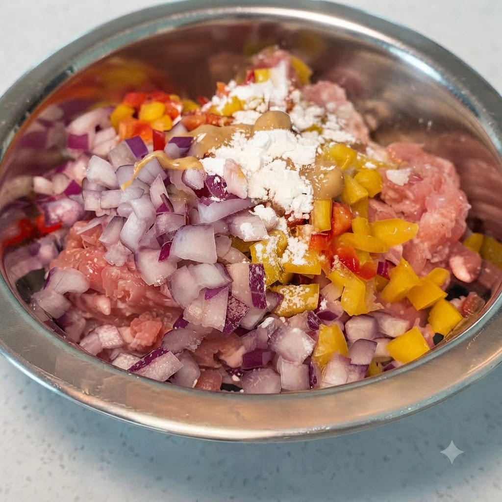 Salsa di soia, burro darachidi, cumino e amido di mais cosparsi sul composto di carne e verdure in una ciotola.