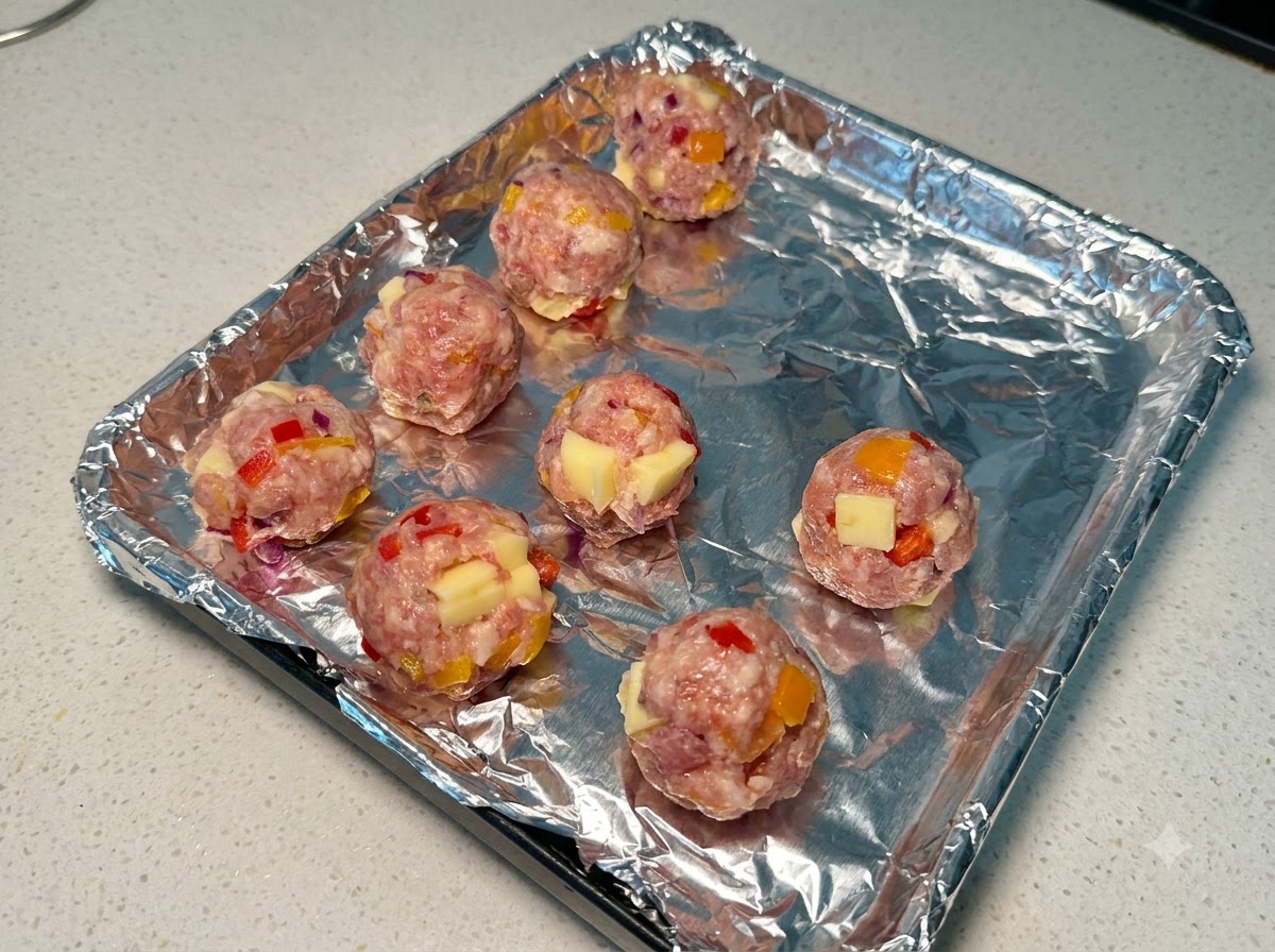Polpette di maiale e formaggio modellate disposte su una teglia foderata di alluminio.