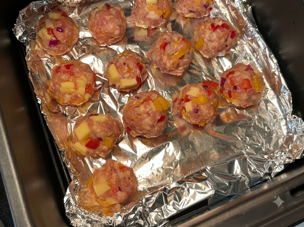 La teglia carica di polpette posta allinterno dello scomparto della friggitrice ad aria.