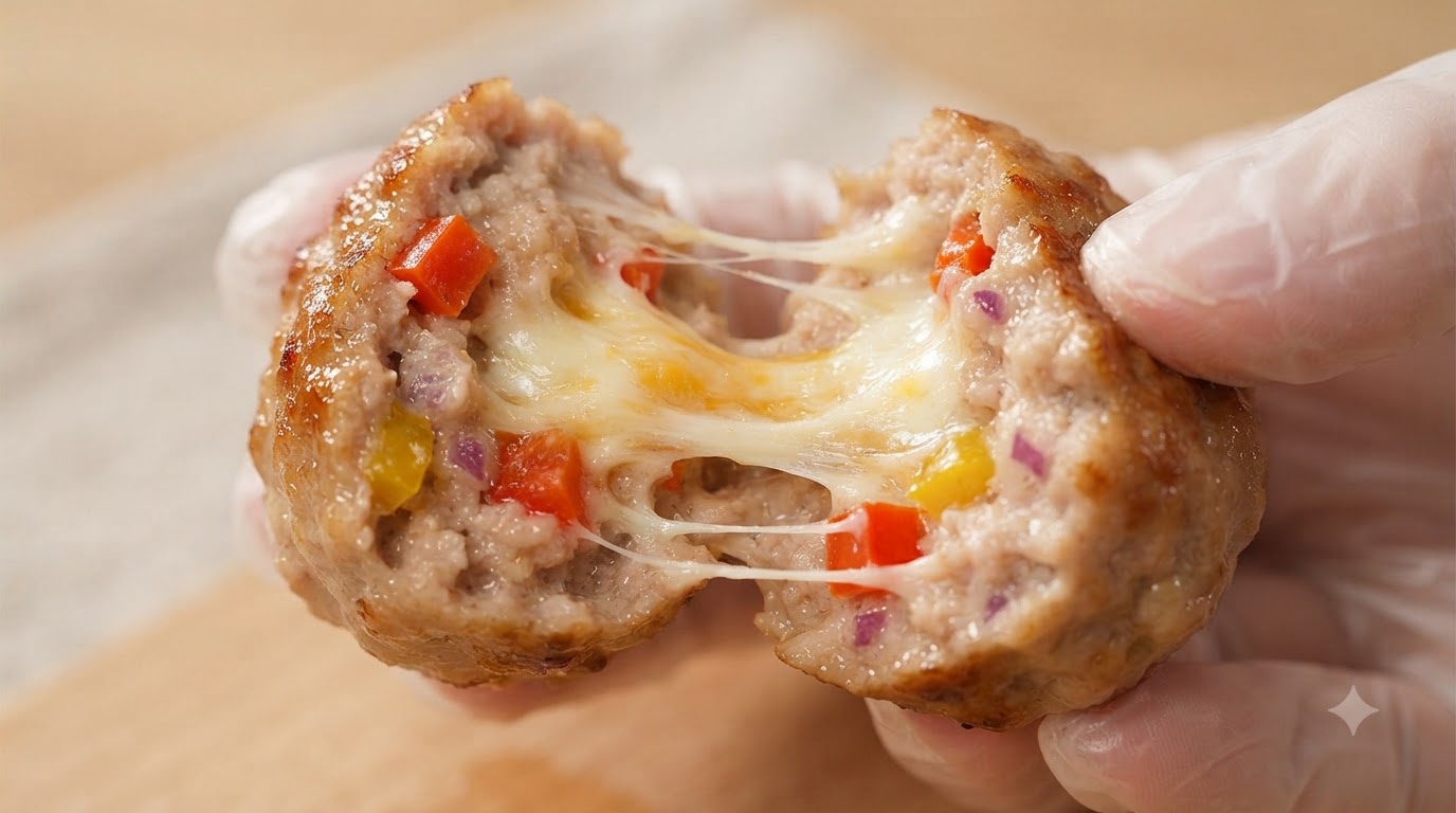 Una polpetta di maiale appena cotta aperta per rivelare un cuore di formaggio filante e pezzi di peperone colorato allinterno.