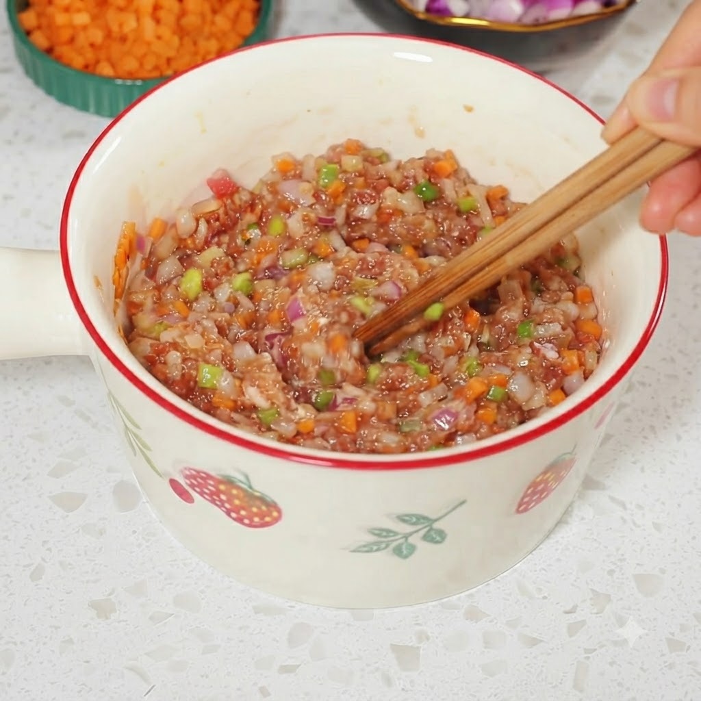 Mescolando accuratamente la carne macinata, le verdure e i condimenti nella ciotola usando le bacchette.
