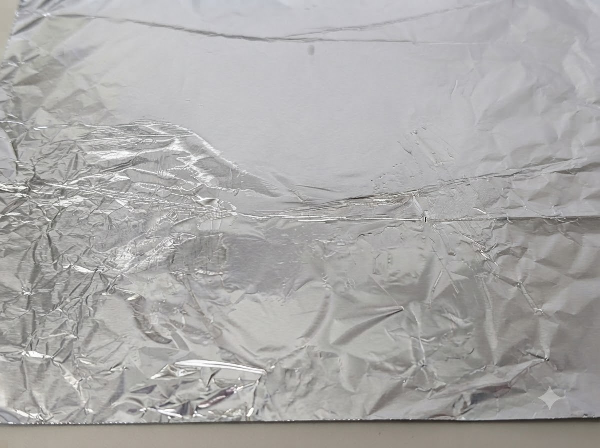 Un foglio di carta stagnola stropicciato su una teglia da forno spennellata con olio da cucina.