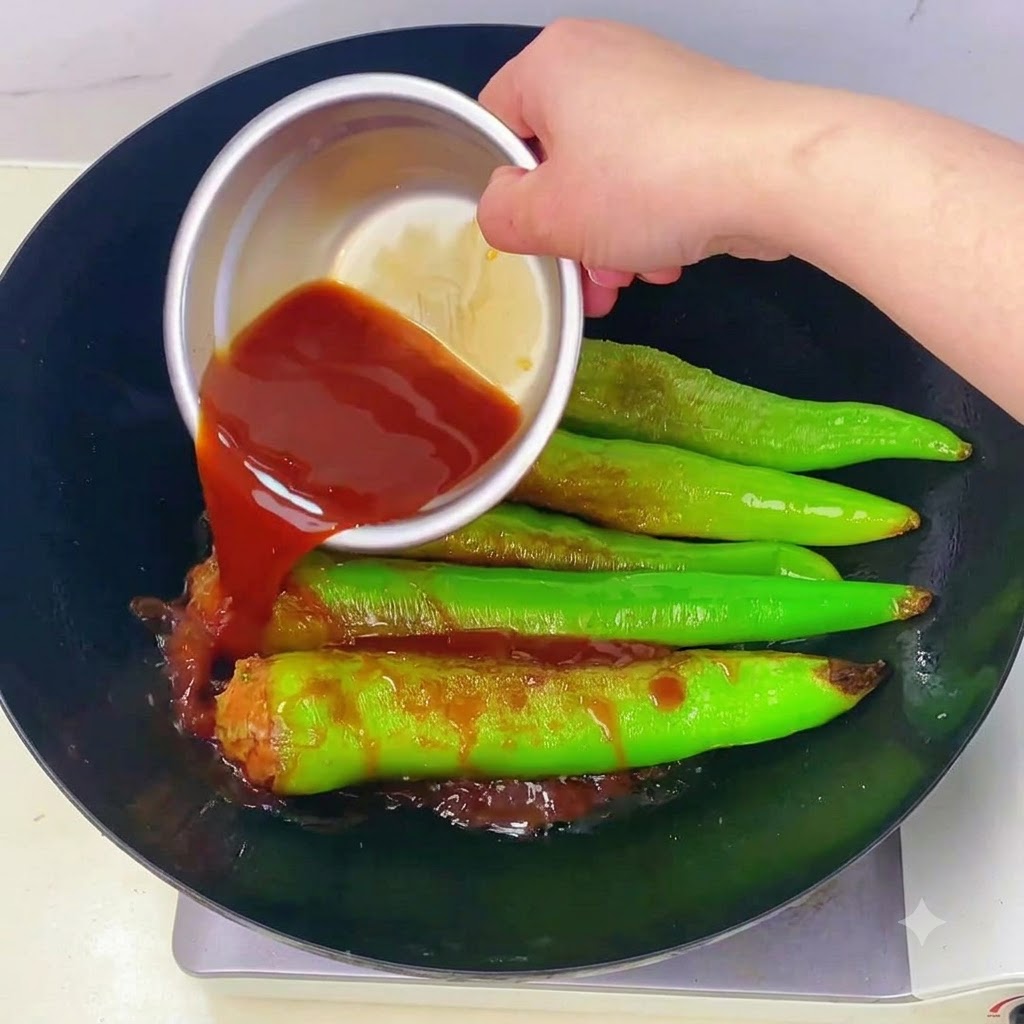Salsa versata da una ciotola di metallo sui peperoni verdi ripieni fritti allinterno del wok.
