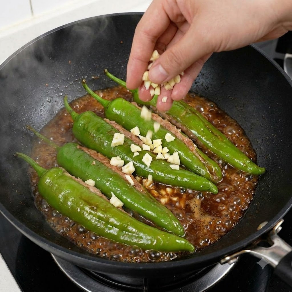 Aglio tritato, peperoncini rossi tagliati a pezzi e semi di sesamo bianco sparsi sui peperoni verdi ripieni in ebollizione in un wok.