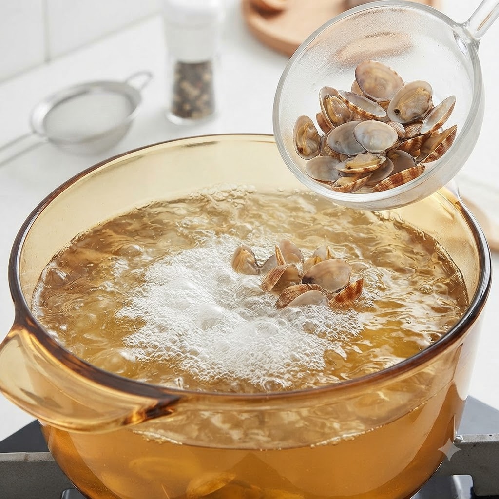 Un mestolo che raccoglie vongole cotte da una pentola di brodo bollente.