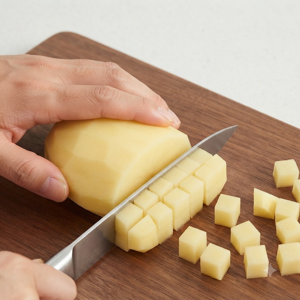 Cipolla rossa tritata in piccoli pezzi su un tagliere di legno.