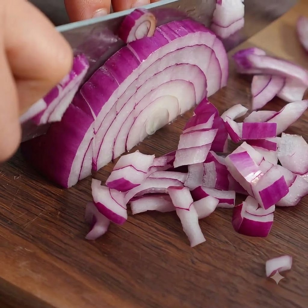 Strisce di pancetta tagliate a piccoli pezzi uniformi su un tagliere di legno.