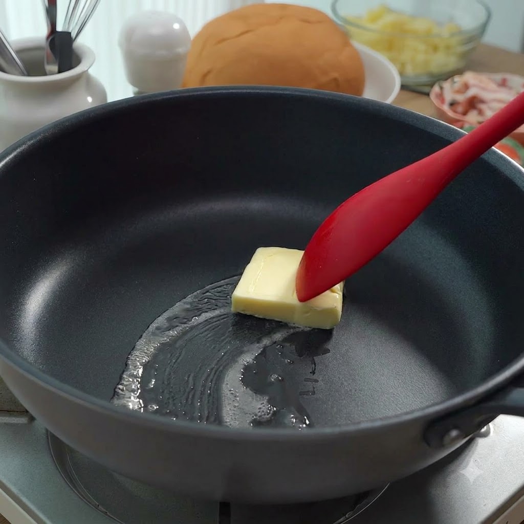 Burro che si scioglie in padella con la farina incorporata tramite una spatola rossa.
