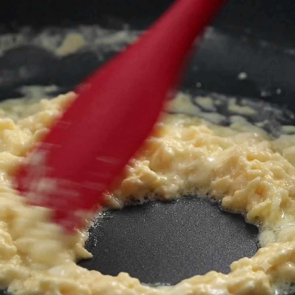 Latte e panna fresca incorporati in un roux denso in padella usando una spatola.