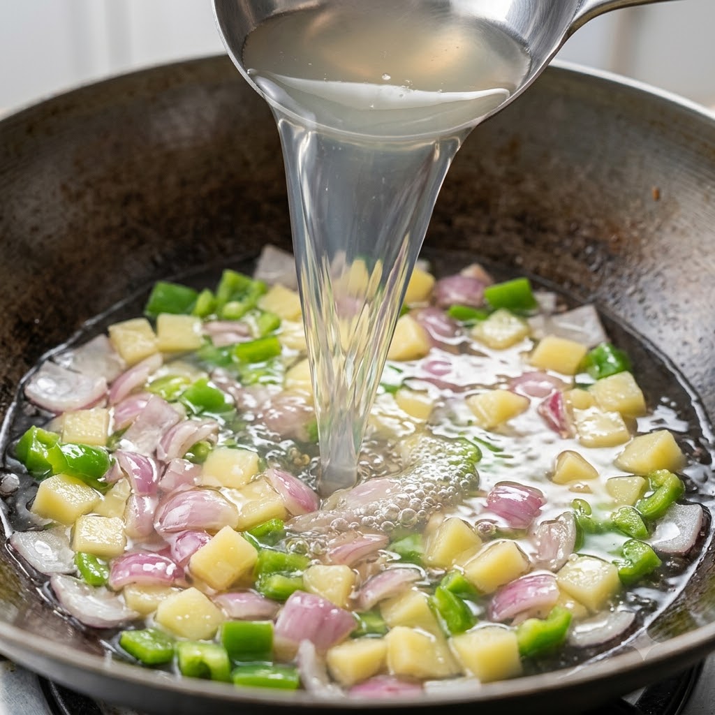 Brodo di vongole versato da un mestolo in una padella piena di verdure a dadini e pancetta.