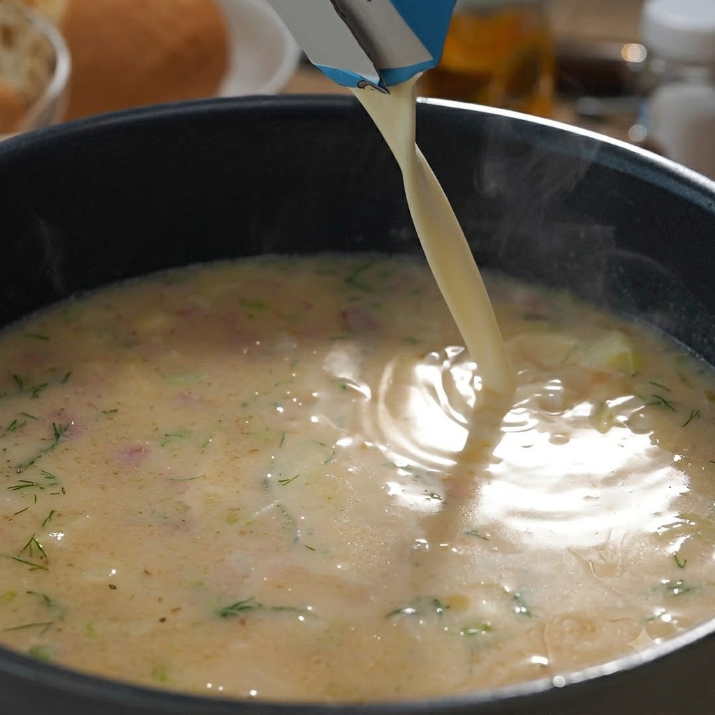 Latte e panna fresca versati da un cartone in una pentola di zuppa cremosa di vongole in ebollizione.