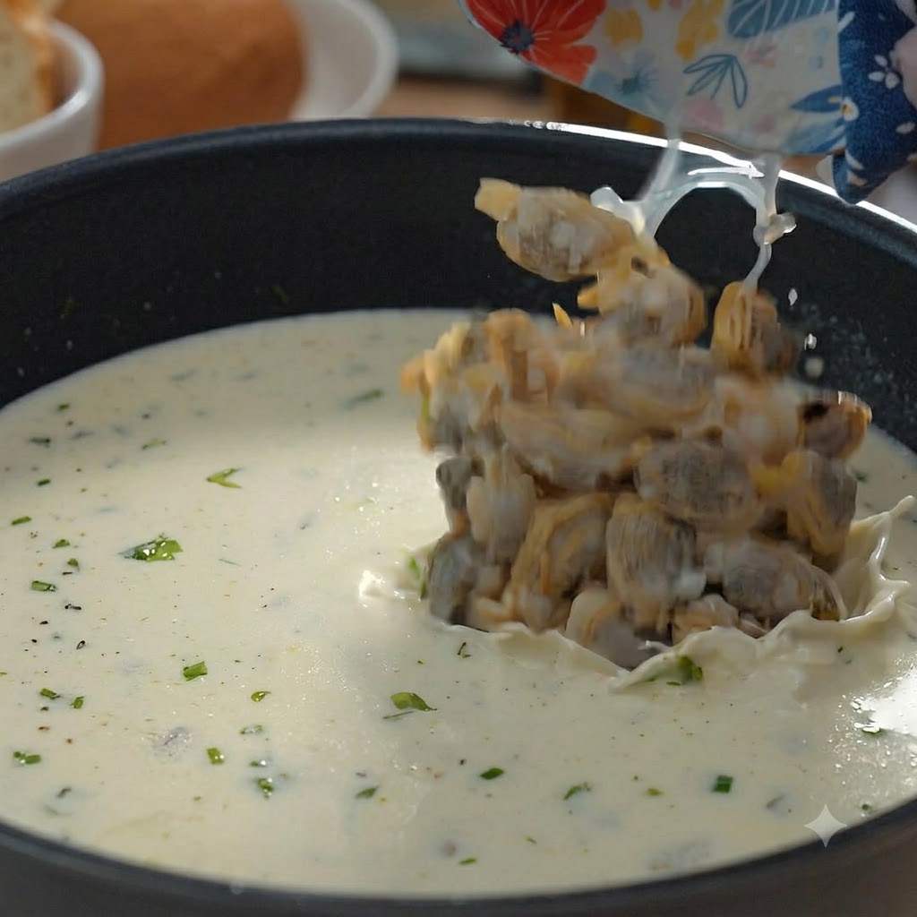 Polpa di vongole versata da una ciotola in una pentola di zuppa bianca cremosa.