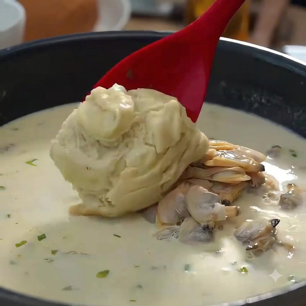 Un cucchiaio rosso che raccoglie salsa bianca in una pentola piena di zuppa cremosa e vongole.