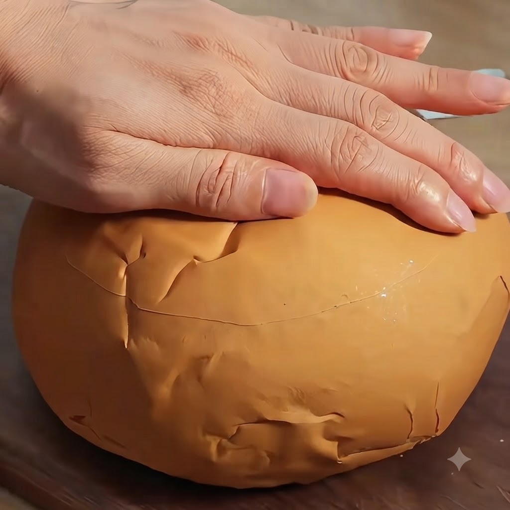Un paio di mani che tagliano la parte superiore di una pagnotta di pane rotonda per iniziare a formare una ciotola di pane cava.